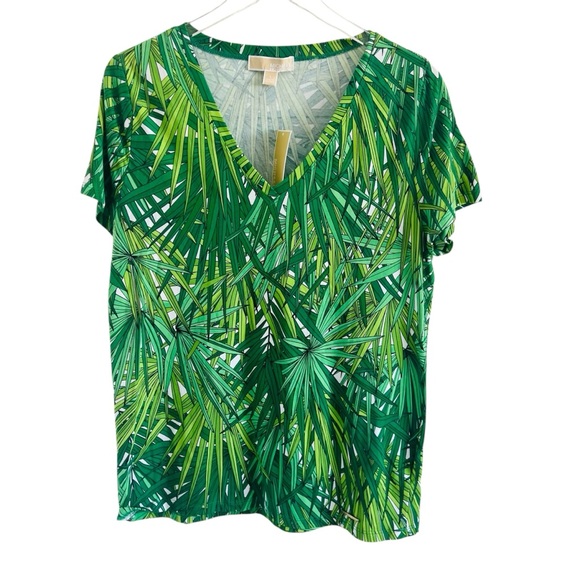 MICHAEL Michael Kors Green Leaf Print V-Neck Blouse - Picture 1 of 6